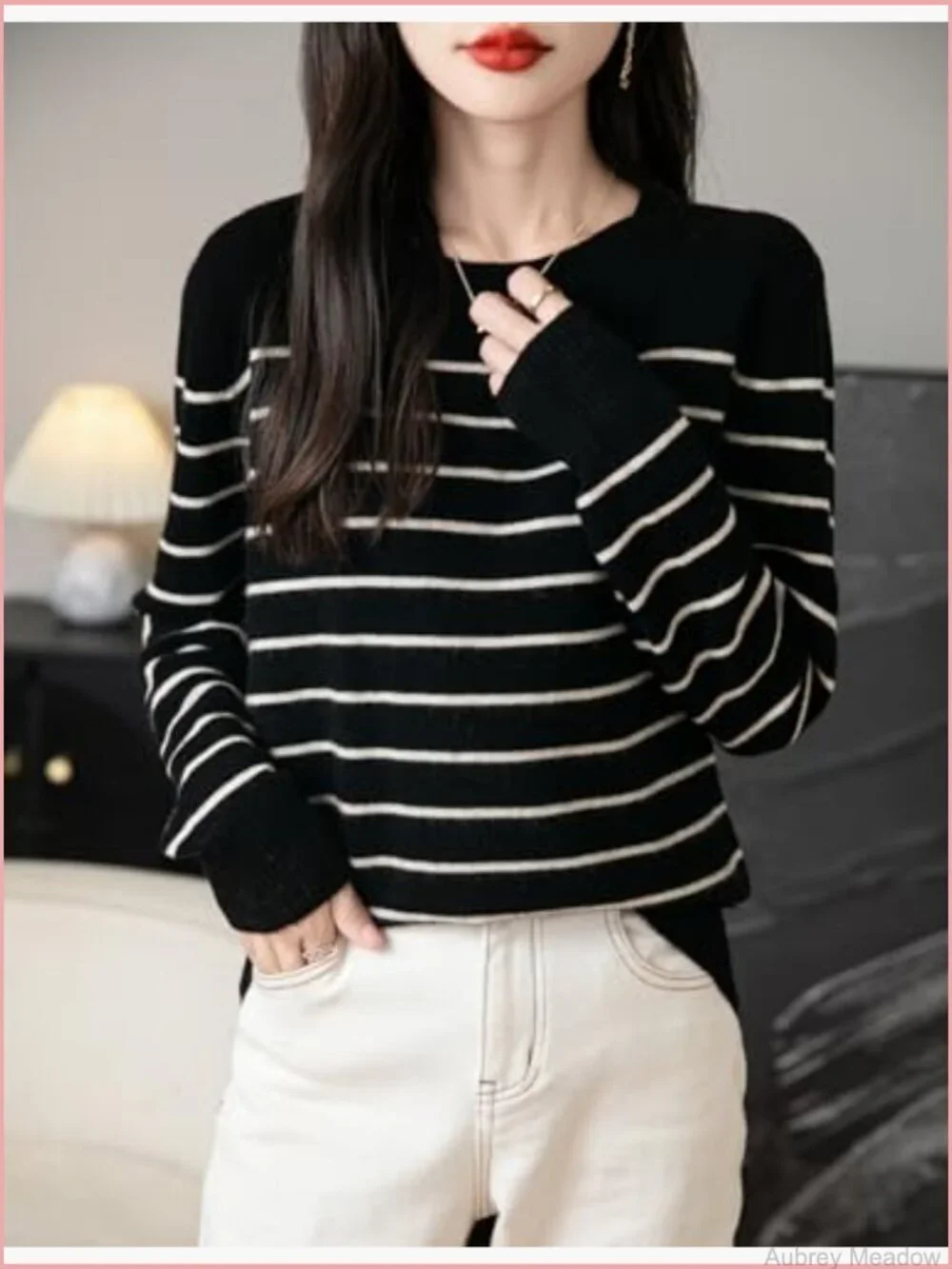 100% Merino Wool Crew Neck Striped Long Sleeve Pullover Sweater